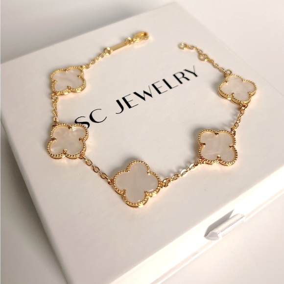 Clover Bracelet Mother of Pearl 14k Gold Plated Luxury Bracelet - Picture 3 of 11